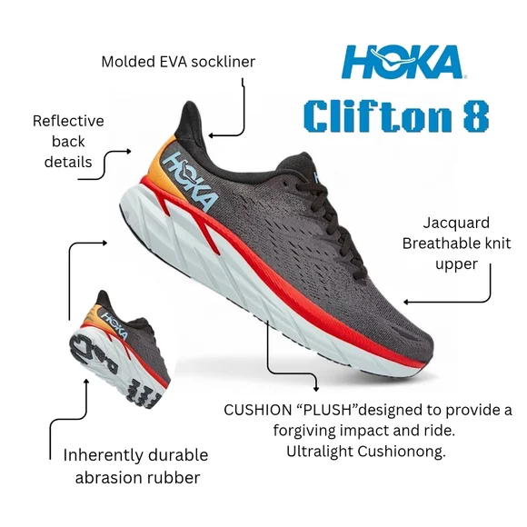 SOLD!! HOKA Men's Clifton 8 Gray Road Running/Walking Sneakers Shoes Size 11 D - Picture 9 of 16